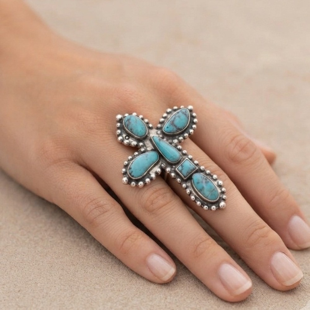 Faux Turquoise Statement Cross Ring Stretchy One Size Blue Western Southwestern